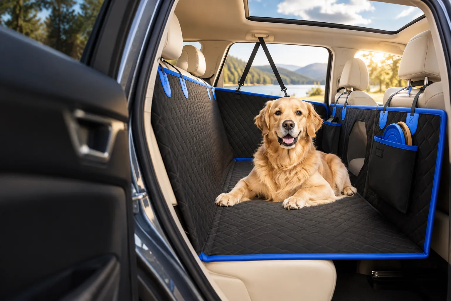 Imagen ilustrativa de un perro sobre un protector de asiento trasero